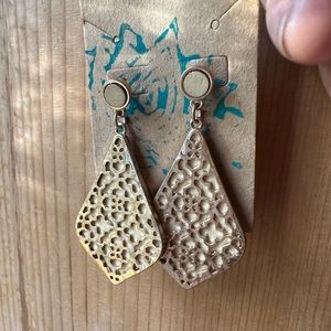 Gold fretwork over shaped blonde wood earring, posts